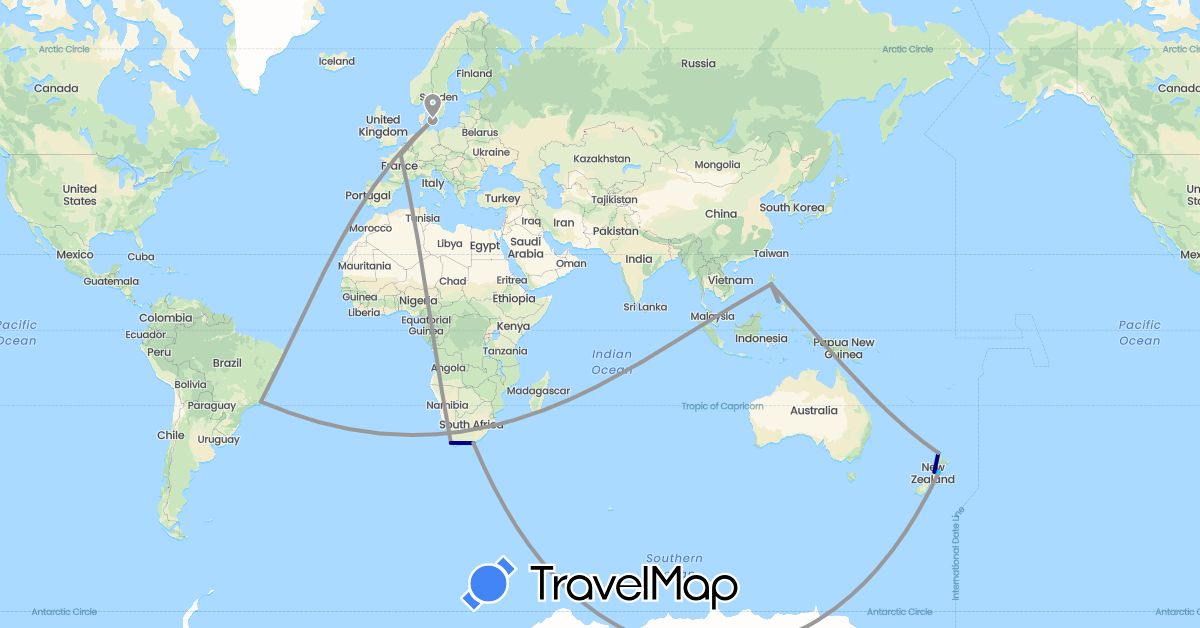 TravelMap itinerary: driving, plane, boat in Brazil, Denmark, France, New Zealand, Philippines, South Africa (Africa, Asia, Europe, Oceania, South America)